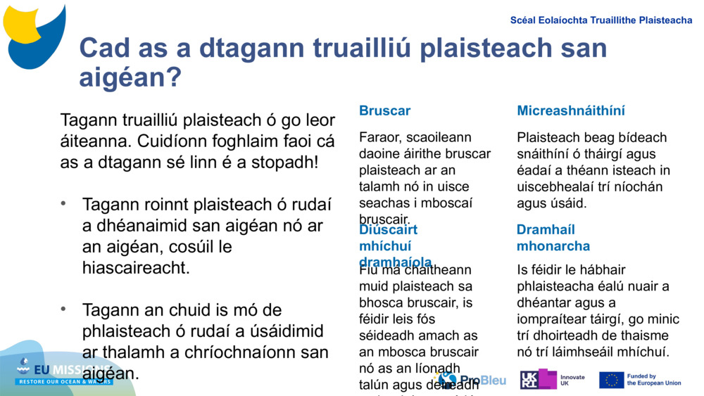 Tagann truailliú plaisteach ó go leor áiteanna. Cuidíonn foghlaim faoi cá as a dtagann sé linn é a stopadh!