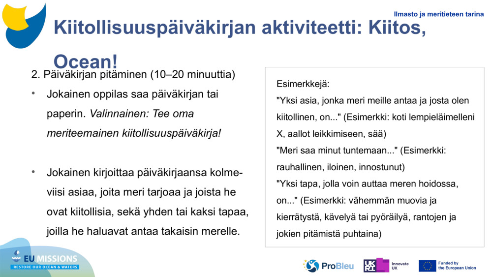 Kiitollisuuspäiväkirjan aktiviteetti: Kiitos, Ocean!