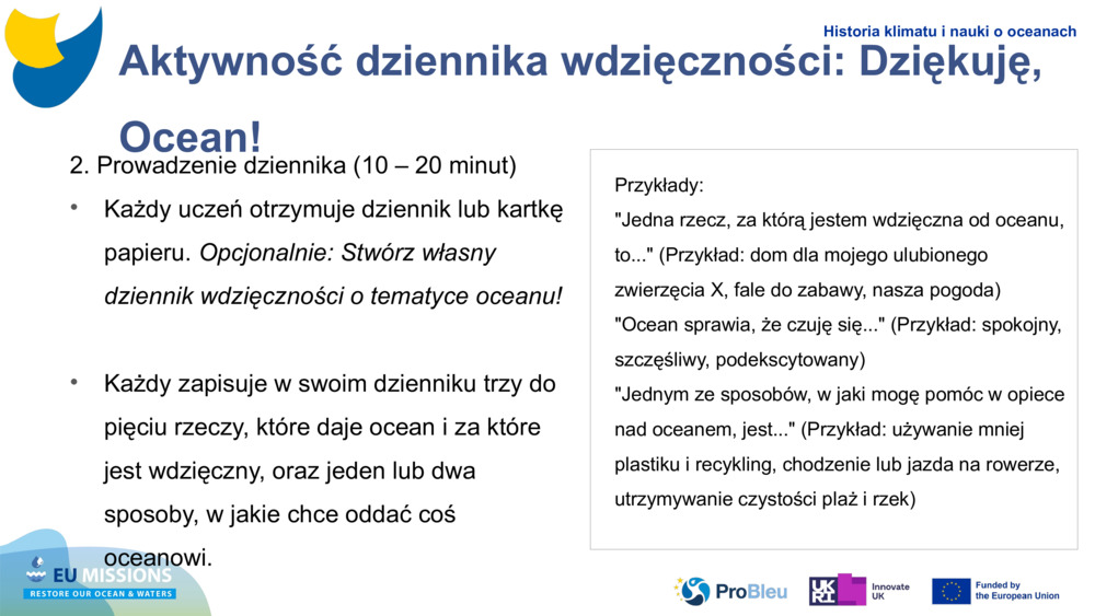 Aktywność dziennika wdzięczności: Dziękuję, Ocean!