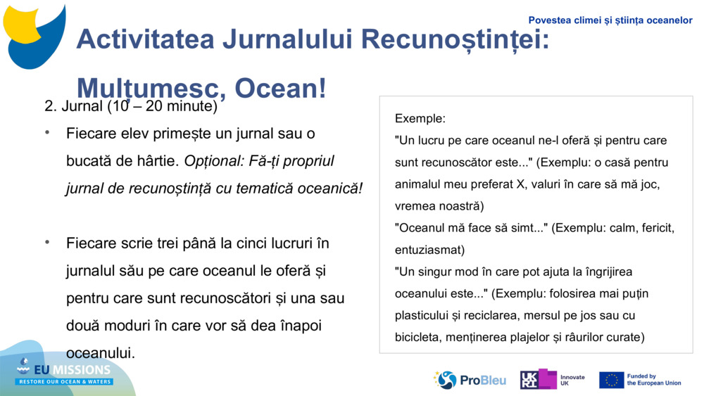 Activitatea Jurnalului Recunoștinței: Mulțumesc, Ocean!